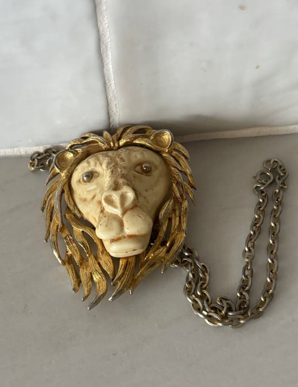 Vintage 1970s Luca Razza Lion Head Pendant Necklace Signed Faux Ivory Leo MCM